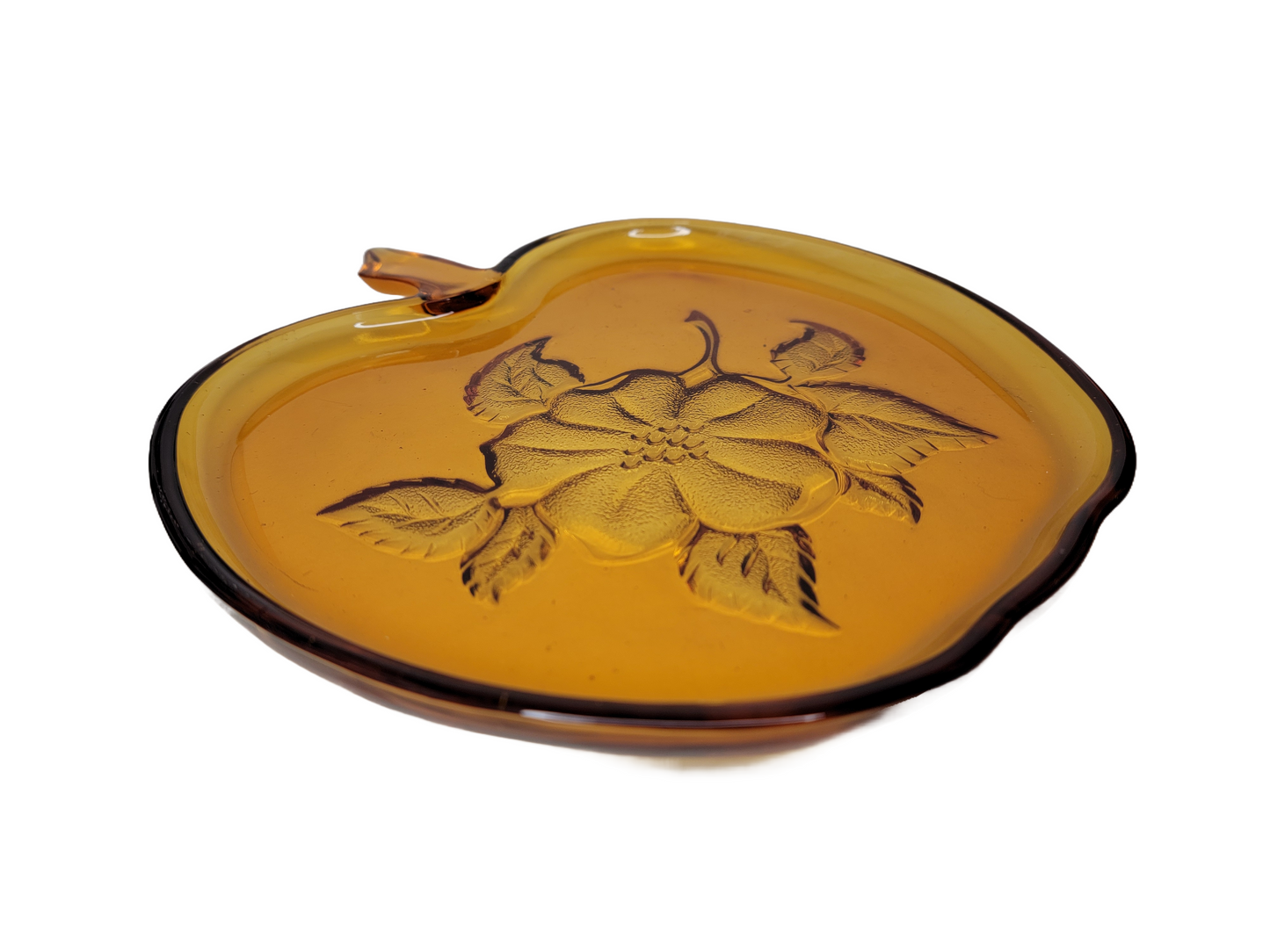 Vintage Amber Glass Apple Plate 8" Embossed Flower Blossom Design Hazel Atlas