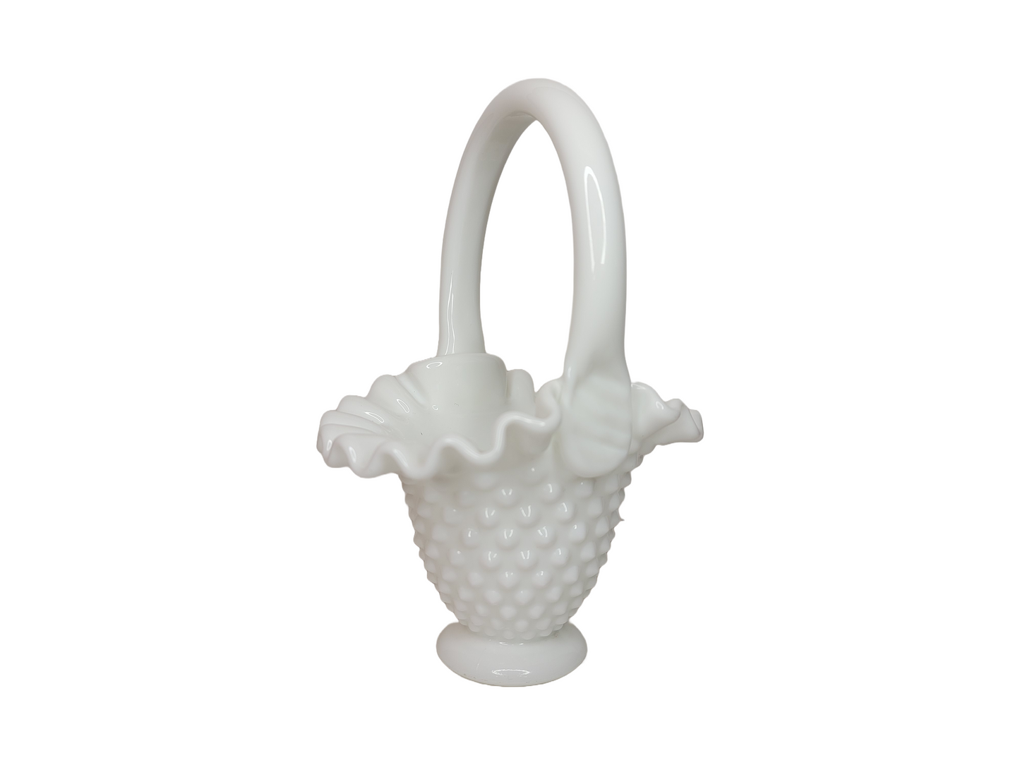 Vintage Fenton Milk Glass Hobnail Basket Shaped Dish with Ruffled Edging 8” Tall