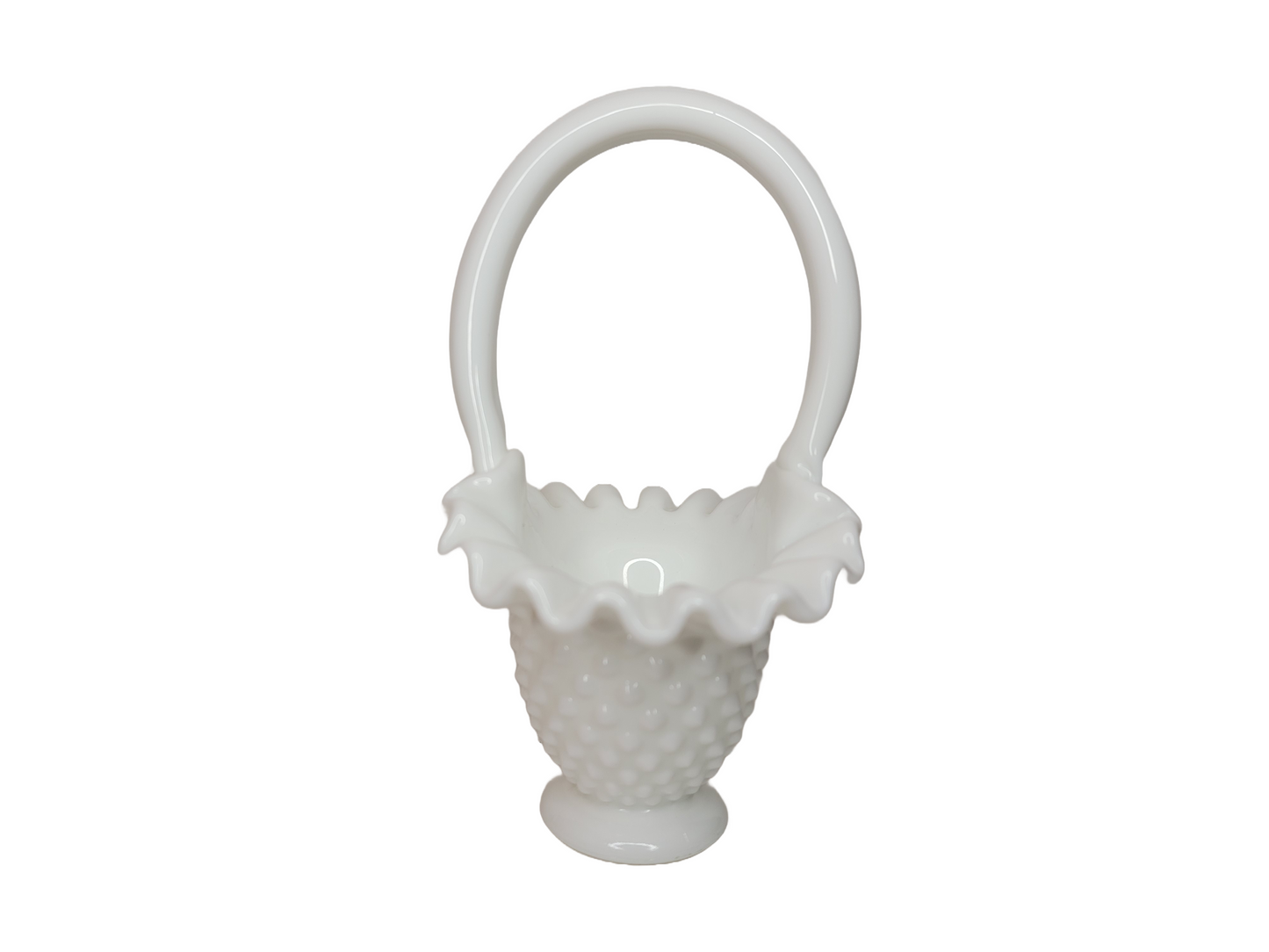 Vintage Fenton Milk Glass Hobnail Basket Shaped Dish with Ruffled Edging 8” Tall