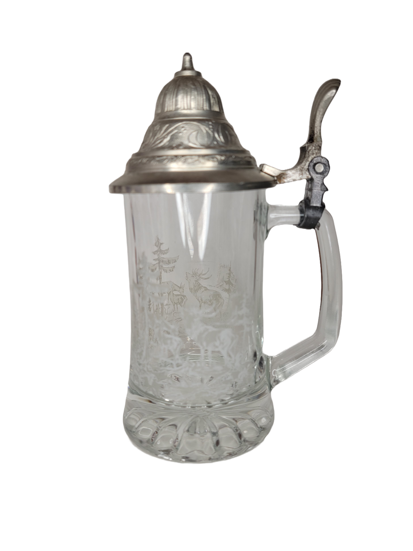 Vintage Etched Stag Deer Crystal Beer Stein Germany Mug Pewter Lid