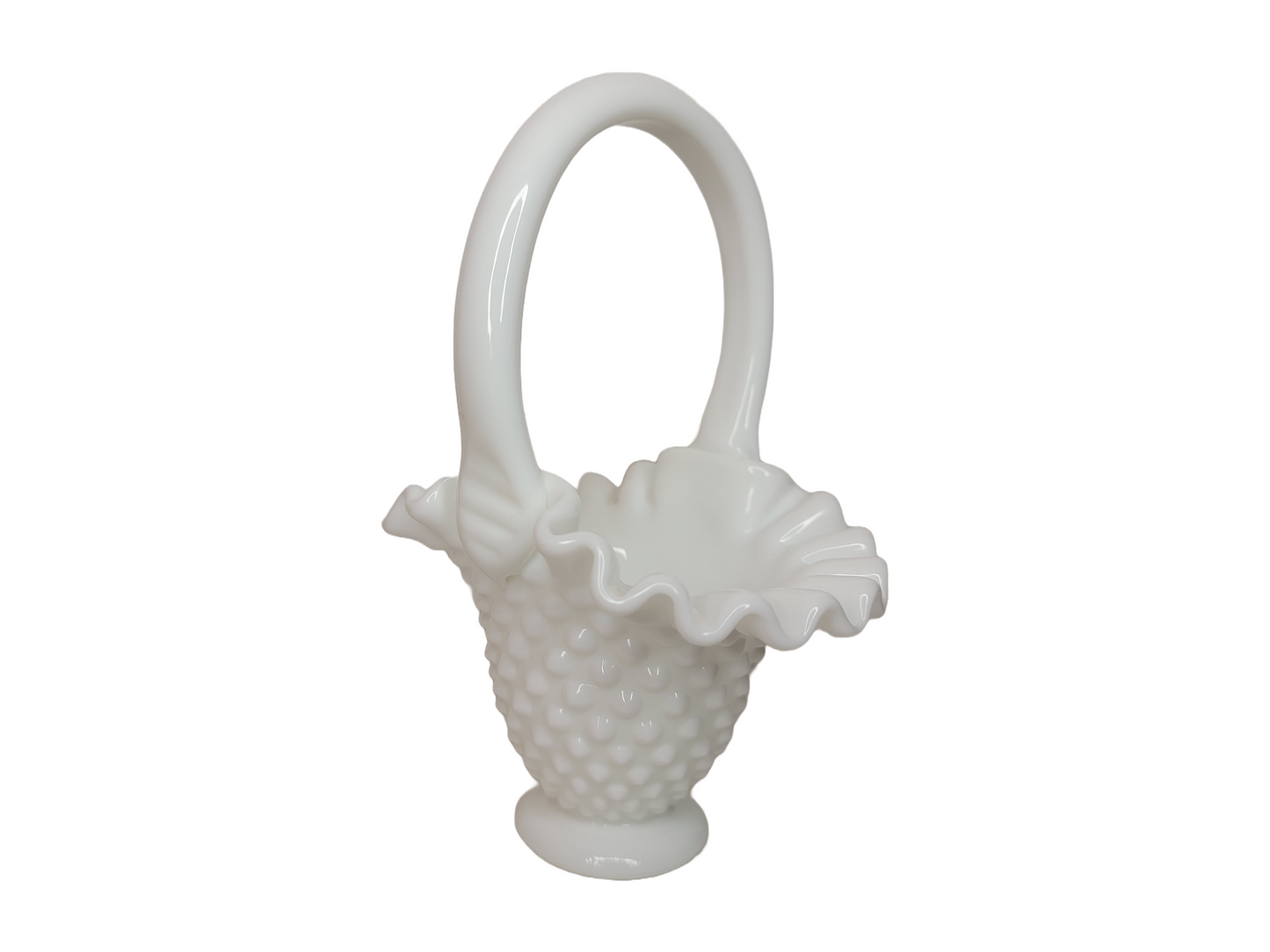 Vintage Fenton Milk Glass Hobnail Basket Shaped Dish with Ruffled Edging 8” Tall