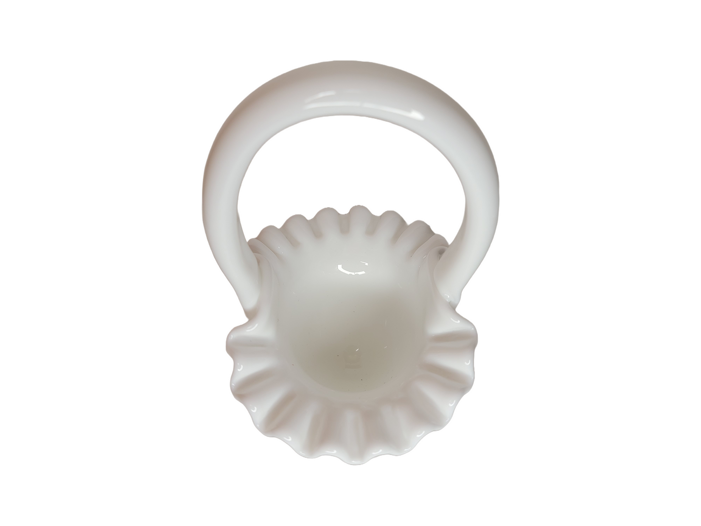 Vintage Fenton Milk Glass Hobnail Basket Shaped Dish with Ruffled Edging 8” Tall