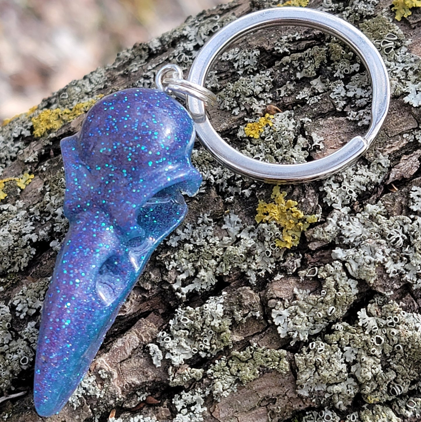 Handmade Resin Crow Skull Keychain Blue