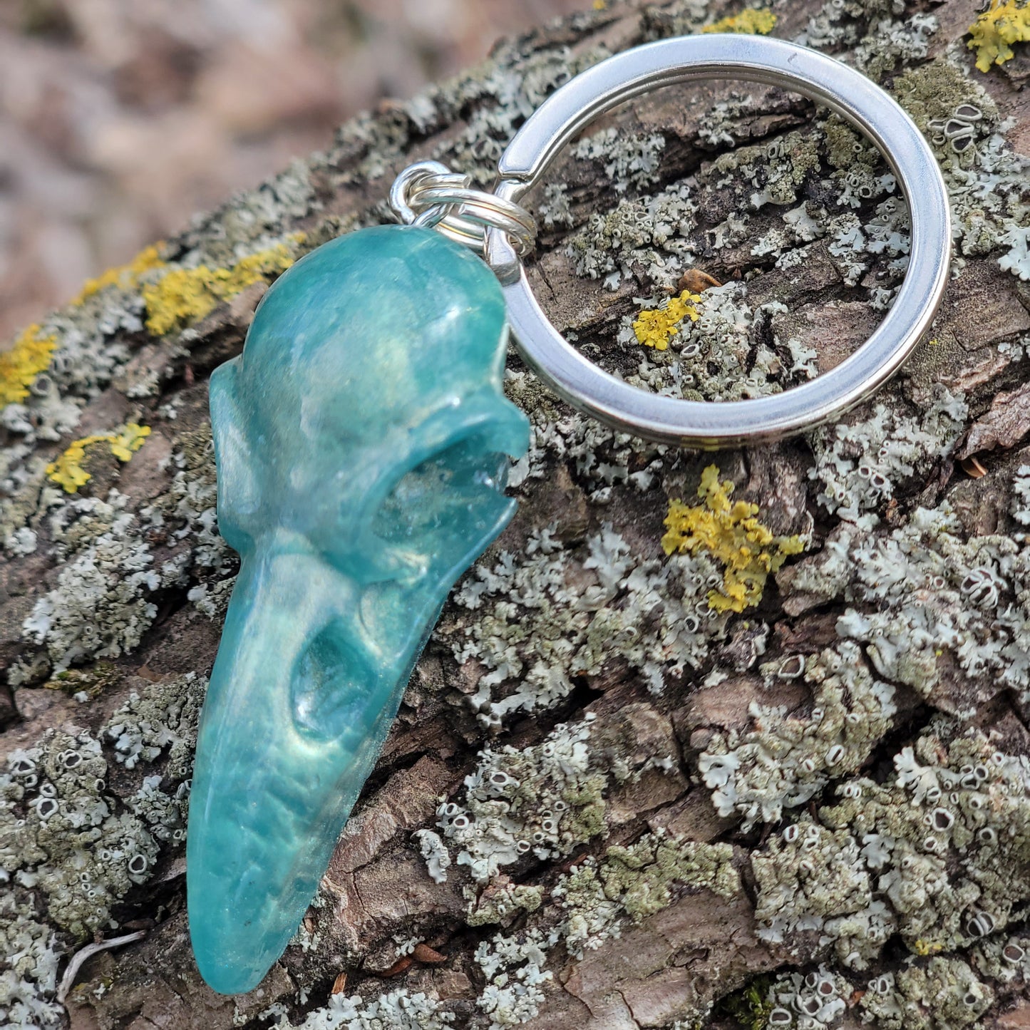 Handmade Resin Crow Skull Keychain Teal