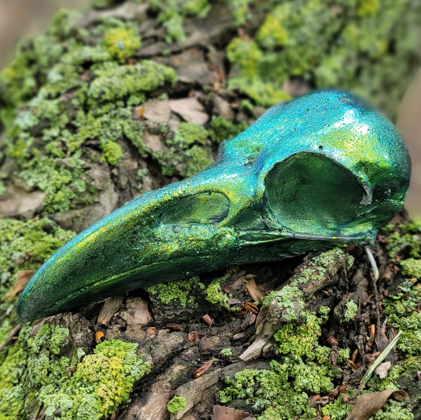 Handmade Resin Raven Skull Green/Yellow