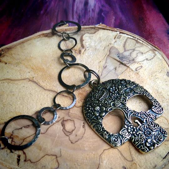 Bronze Goth Skull Long Sweater Necklace Necklaces Elements Apparel Shop