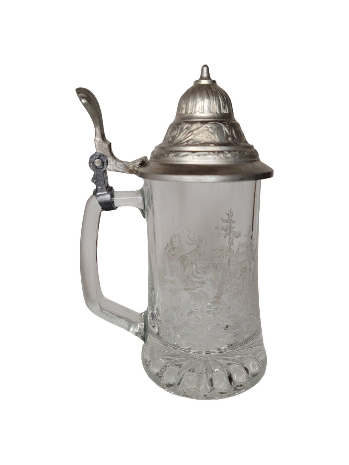 Vintage Etched Stag Deer Crystal Beer Stein  Germany Mug Pewter Lid