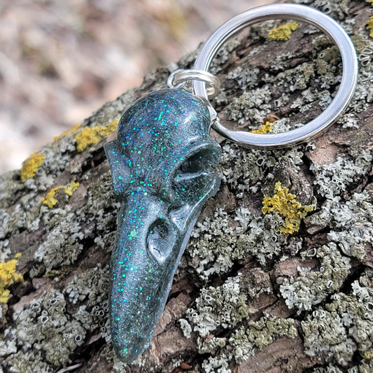 Handmade Resin Crow Skull Keychain Blue/Grey