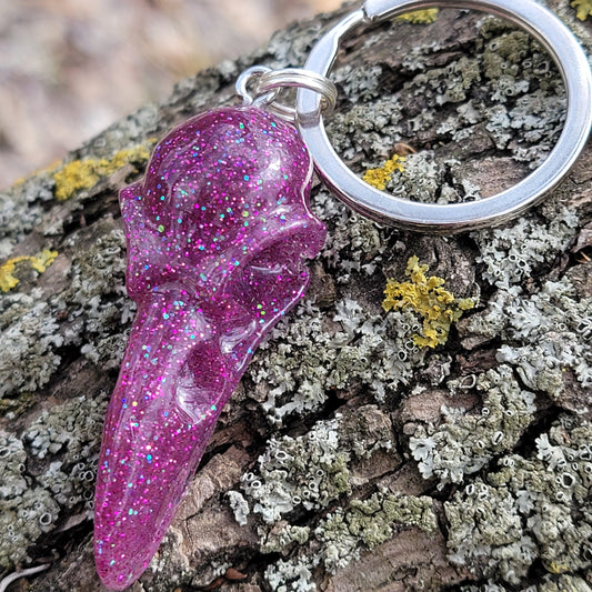 Handmade Resin Crow Skull Keychain Purple/Pink