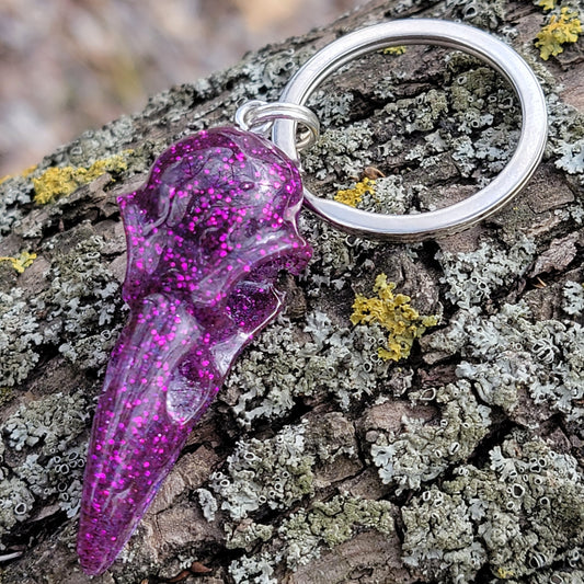 Handmade Resin Crow Skull Keychain Purple